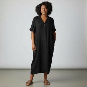 Frank & Oak Black Button Down Midi Shirt Dress Caftan Crinkle Minimalist L